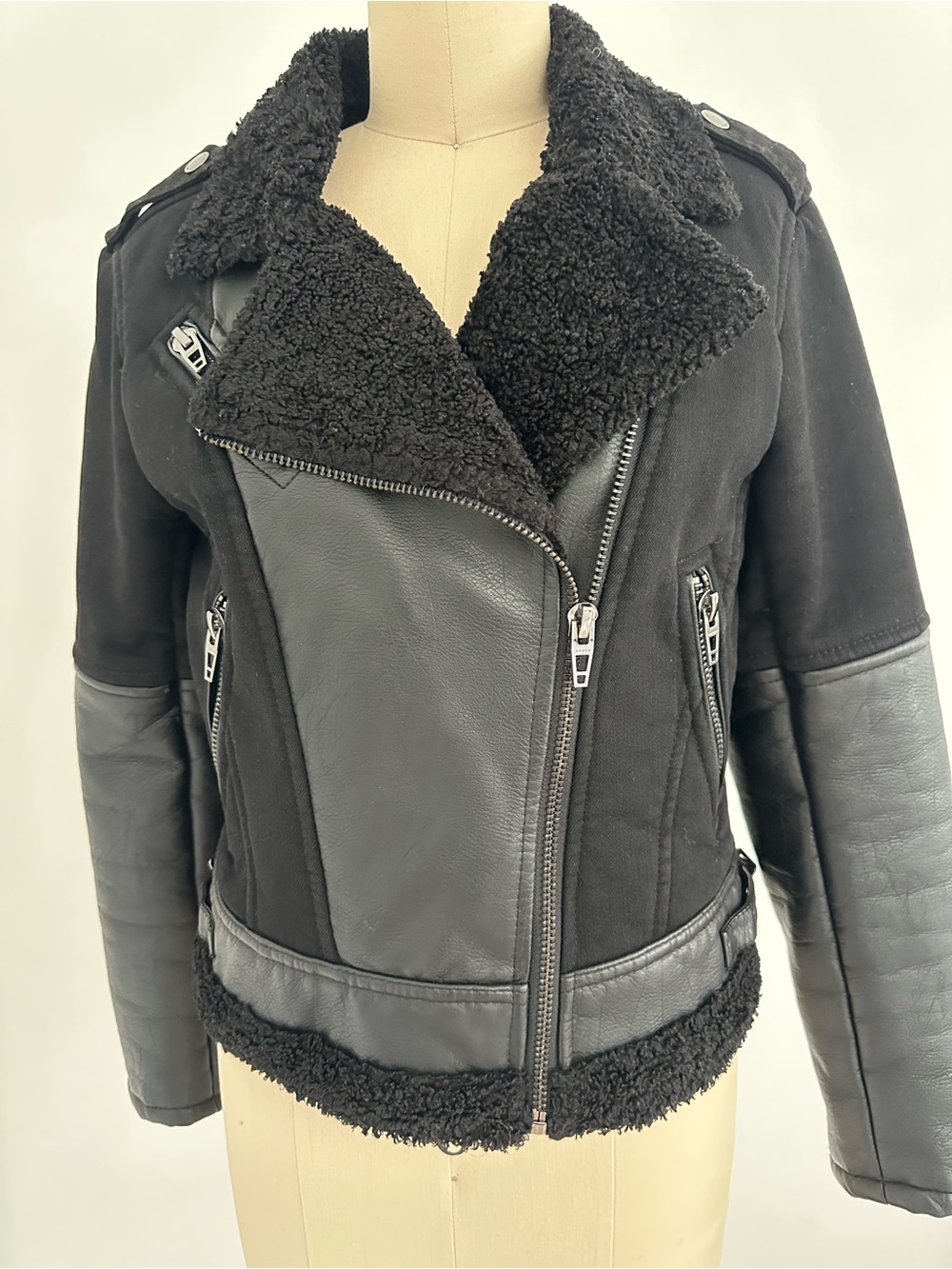 Blank NYC Black Faux Shearling Trim Moto Bomber Jacket